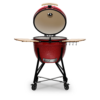 Kamado Bono Limited 25 inch BBQ grill front view, red color, with open lid and wooden side shelves