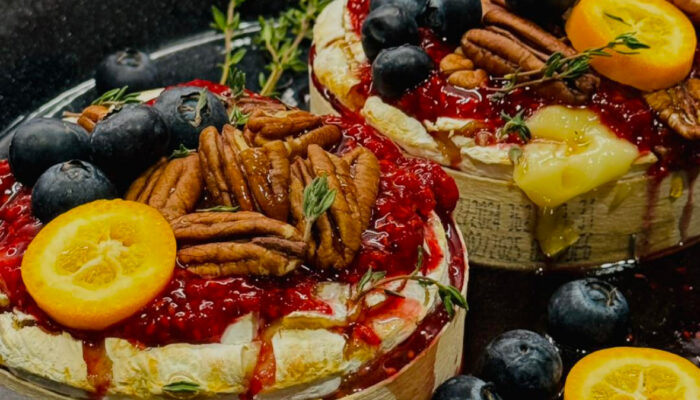 Baked camembert with raspberries and pecans